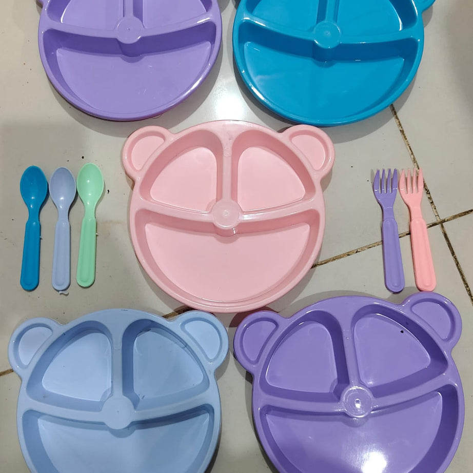 (Pack of 5) Multi Panda Shape Plates with 3 Spoons and 2 Forks