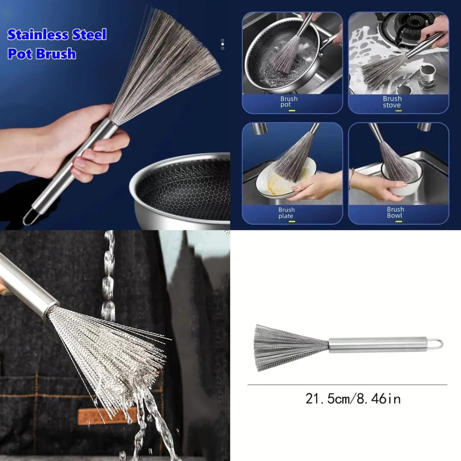 (Pack of 2) Multifunctional Long Handle Stainless Steel Pot Cleaning Brush Tool for Kitchen Use