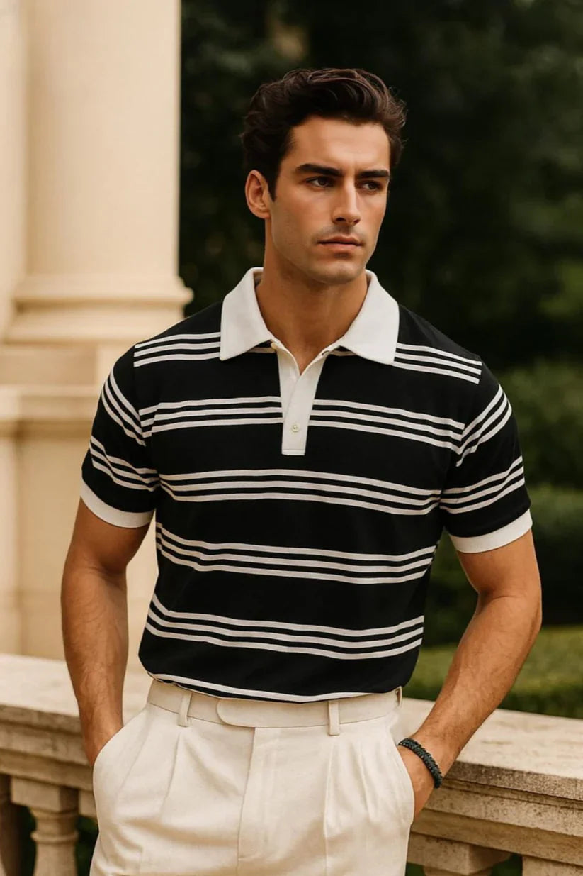 Panel Polo with White Collar & Rib – BLACK