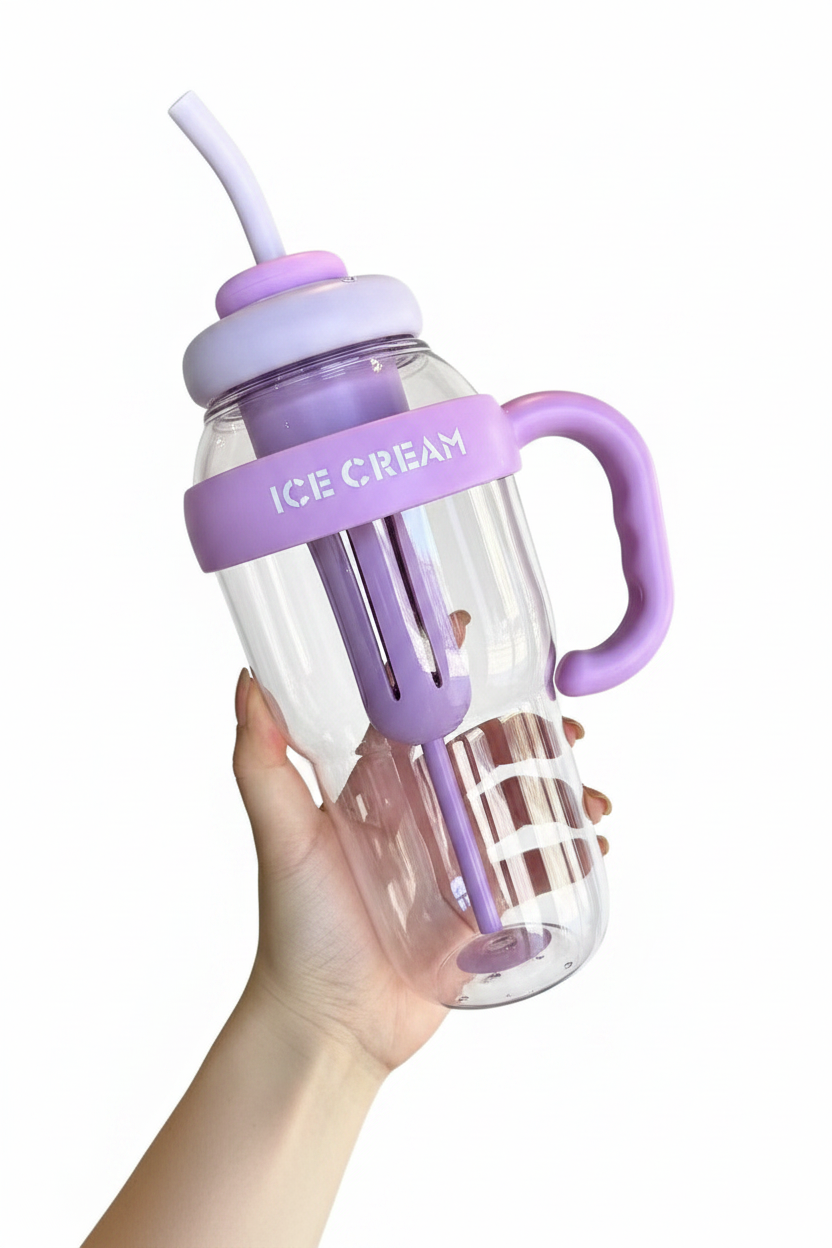 Ice Cream Water Bottle with Straw & Handle – Aesthetic Double-Layer Tumbler | Leakproof & BPA-Free