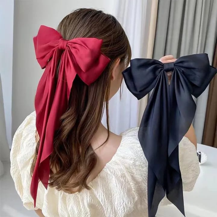 Pack of 2 Elegant Bow Ribbon Hair Clip Fashion Simple Solid Satin Spring Clip Hair Pin Retro Headband with Clips Girls Hair Accessories