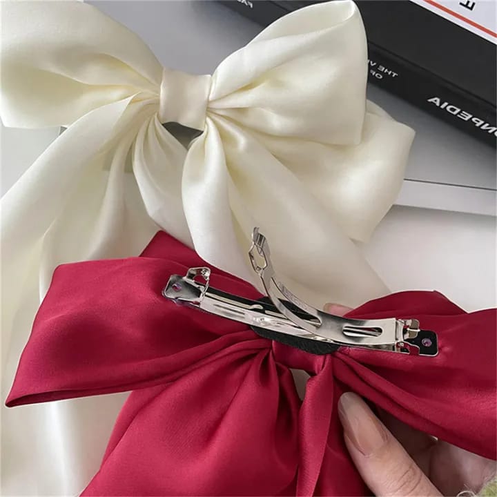 Pack of 2 Elegant Bow Ribbon Hair Clip Fashion Simple Solid Satin Spring Clip Hair Pin Retro Headband with Clips Girls Hair Accessories