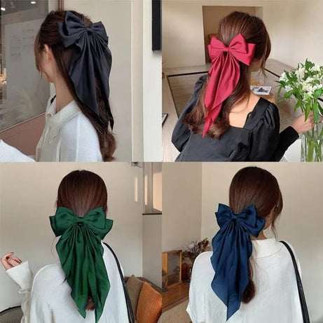 Pack of 2 Elegant Bow Ribbon Hair Clip Fashion Simple Solid Satin Spring Clip Hair Pin Retro Headband with Clips Girls Hair Accessories