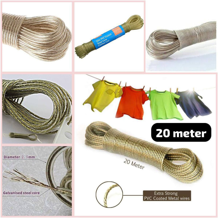 (Pack of 2) Heavy Duty 20 Meter PVC Metal Inner Rope for Laundry Wet Clothes