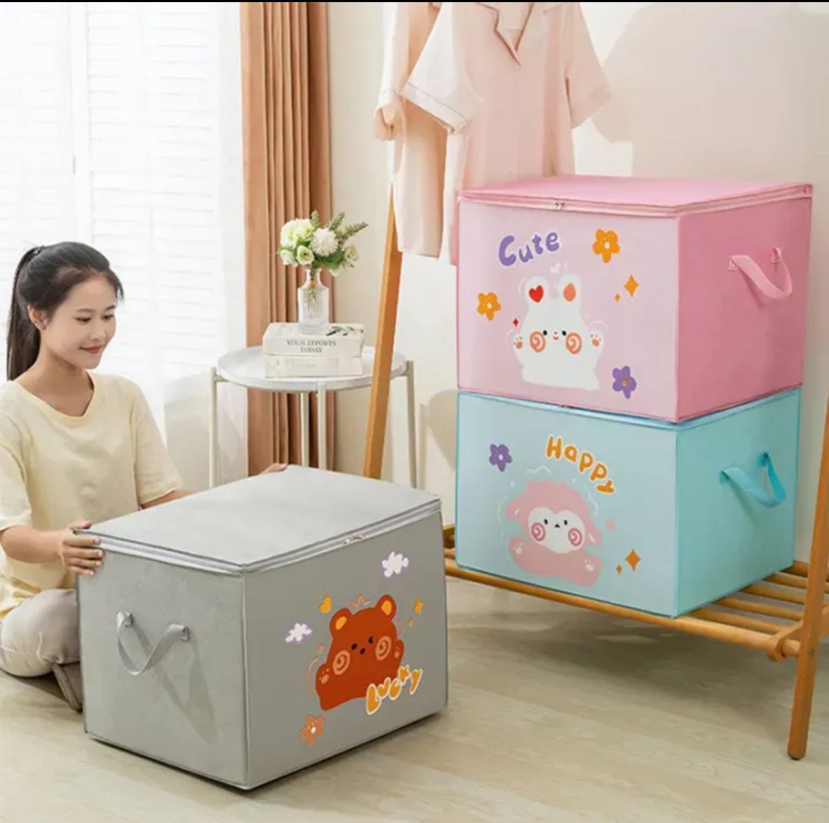 (Pack of 3) Cartoon Animal Foldable Storage Organizer Bags with Zippers And Handles