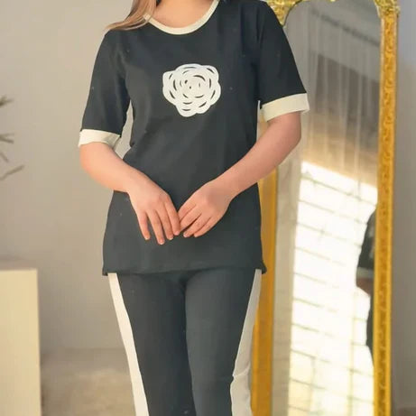 Flower Style Track Suit (Black) – Round Neck Half Sleeves T-Shirt and Trouser Suit for Women