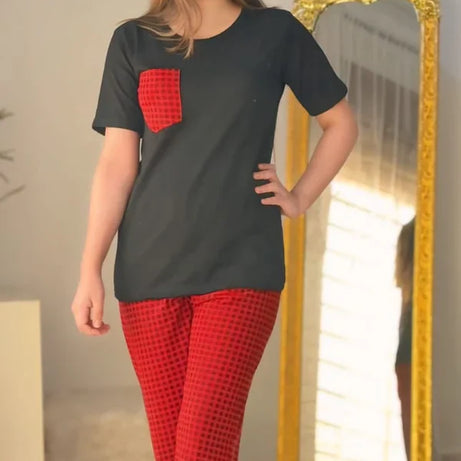 Black and Red Check Style Night Suit