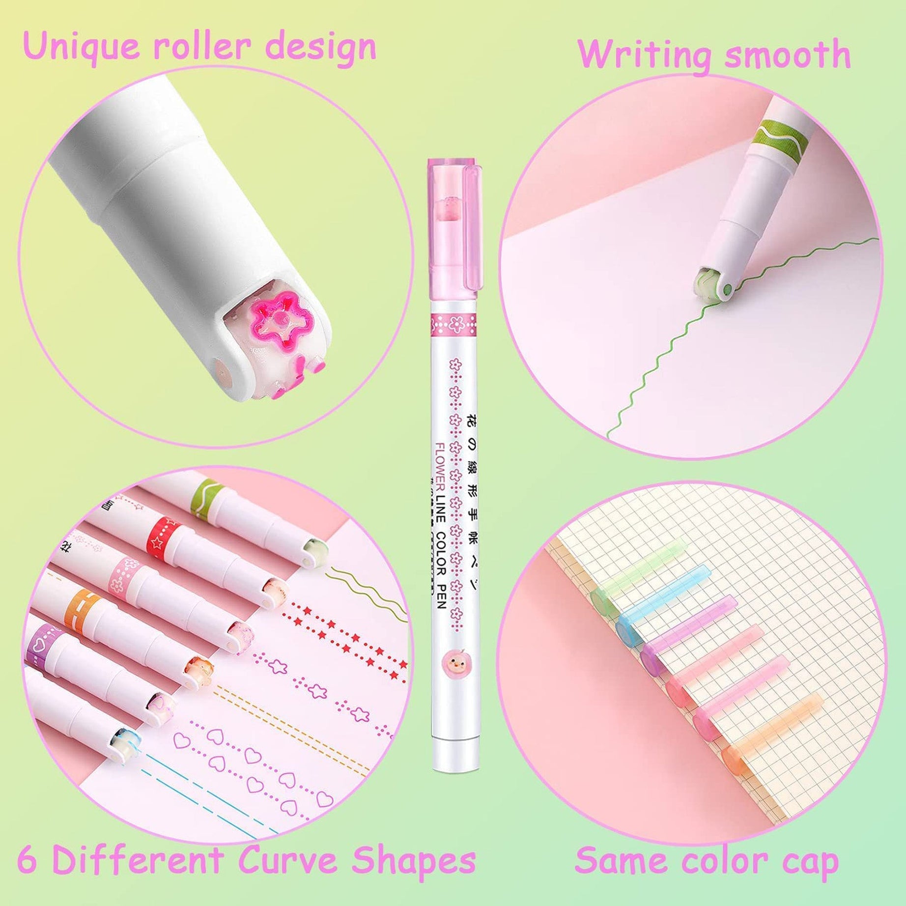 (Pack of 6) Linear Roller Design Color Pen
