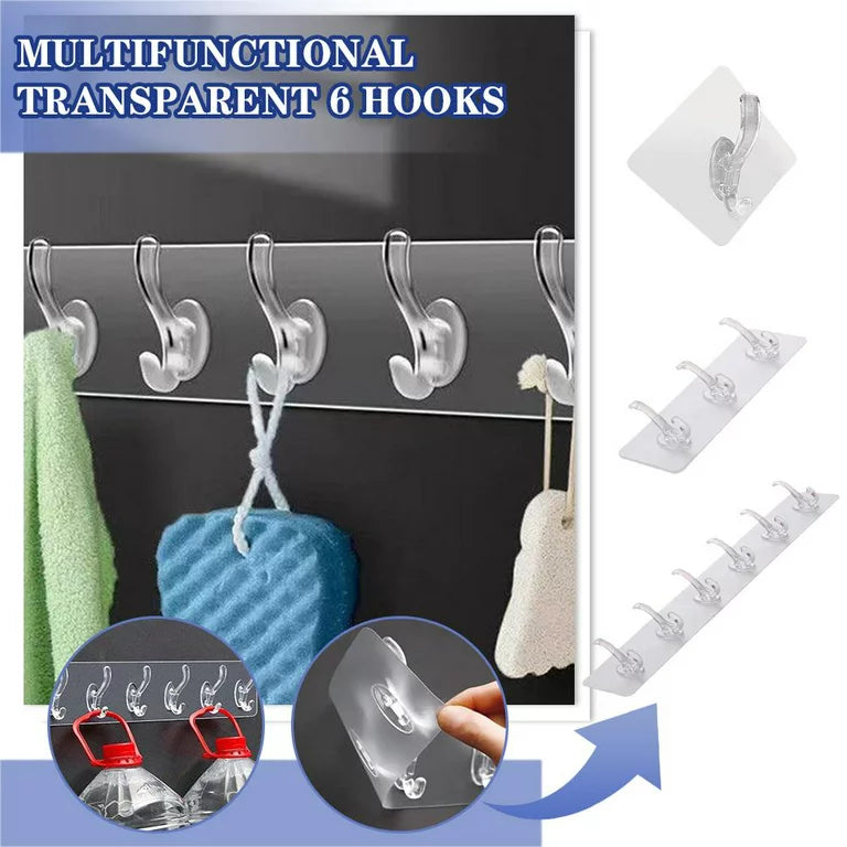Transparent 6 Double Hooks Hanger with Strong Grip For Hanging Clothes and Bath Accessories