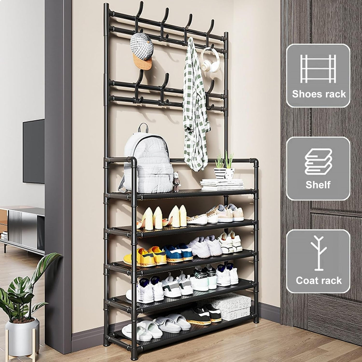 2 in 1 Metal Space Saving Entryway Coat and Shoe Racks Storage Organizer For Home Dorms and Apartments