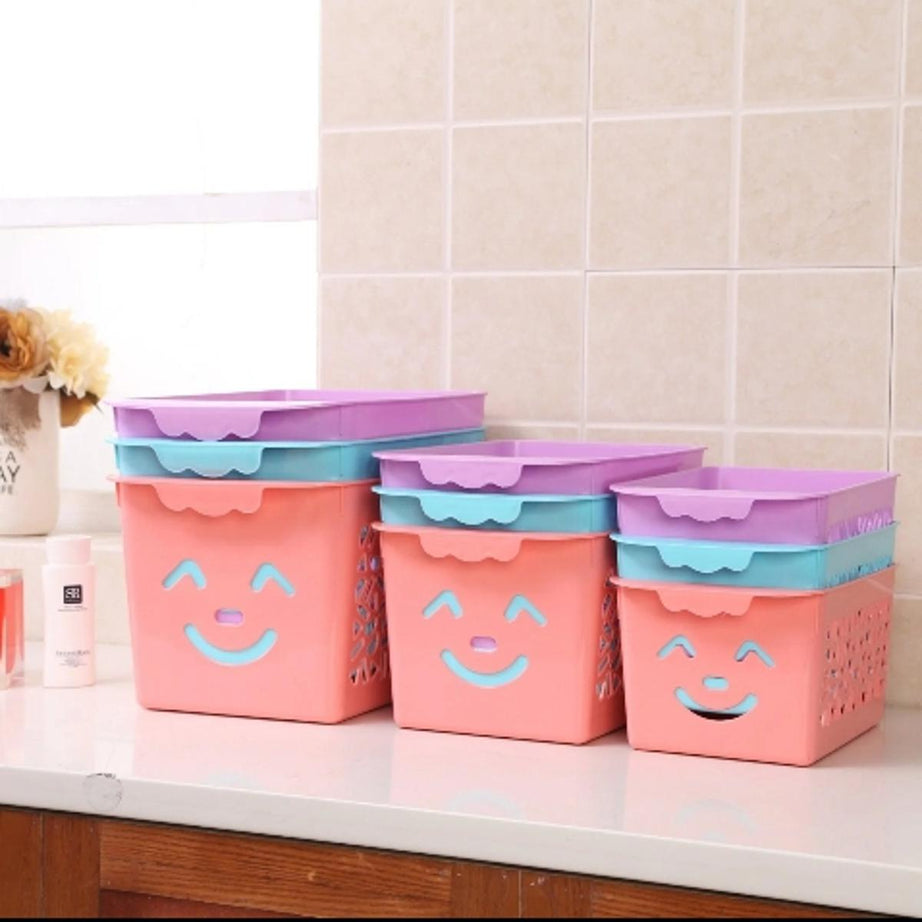 (Pack of 3) MULTI-Purpose Storage Basket With Cover In Smiley Face & Rectangle Shape