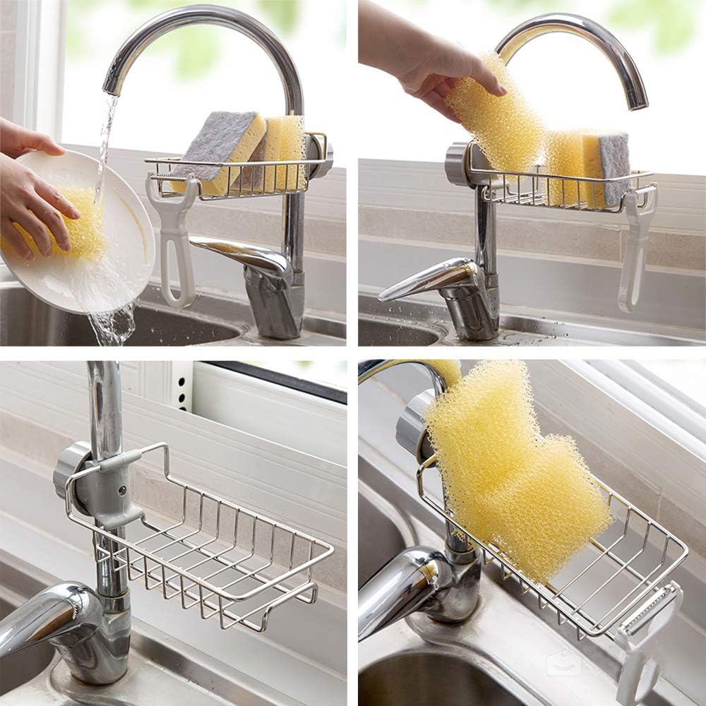 Stainless Steel Adjusting Multifunctional Kitchen Faucet Sponge Holder For Hanging Sink Organizer in Bathroom