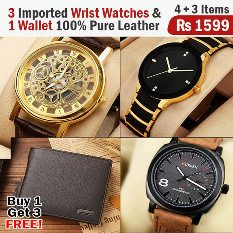 Buy 1 Get 3 Free Deal 3 Wrist Watches & 1 Original Leather Wallet