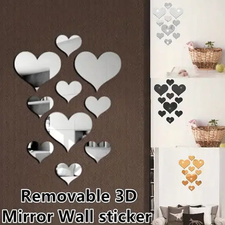 3D Stereoscopic Love Acrylic Mirror Heart Wall Stickers Decals Set for Home Decoration