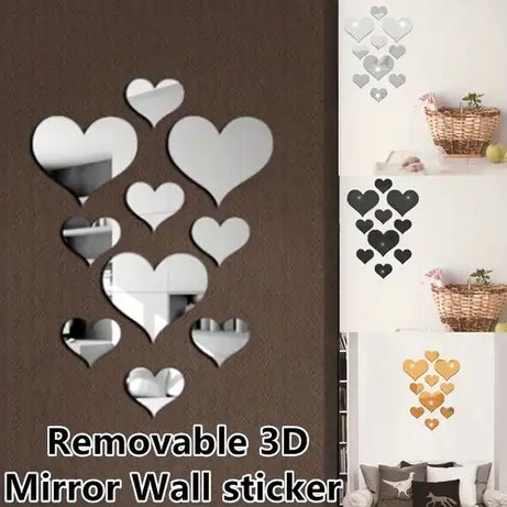 3D Stereoscopic Love Acrylic Mirror Heart Wall Stickers Decals Set for Home Decoration