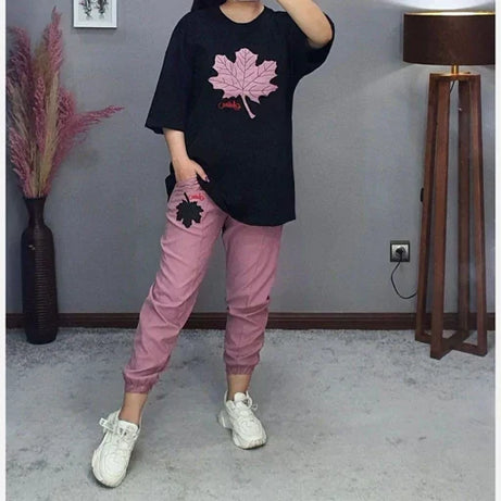 Plain Black with Pink Track Suit – Round Neck Half Sleeves T-Shirt and Trouser Suit for Women