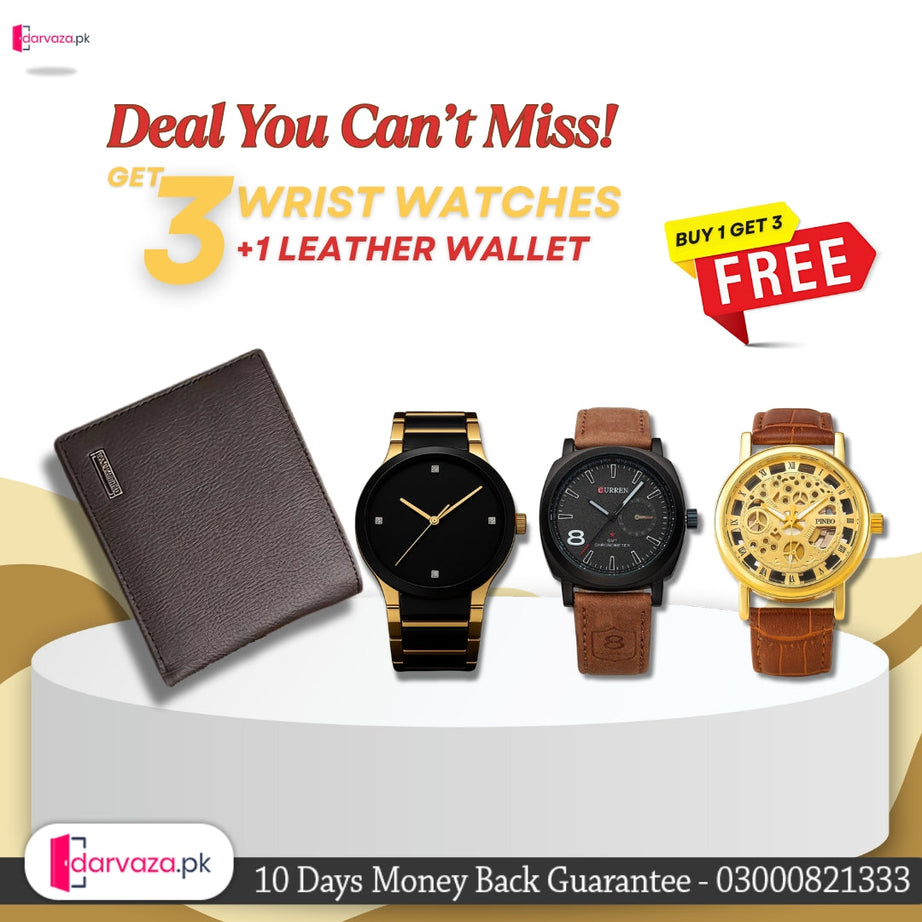 Buy 1 Get 3 Free Deal 3 Wrist Watches & 1 Original Leather Wallet Rs 1499
