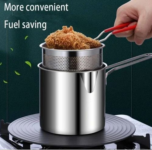 Multi Functional Stainless Steel Rust Resistant 1200ML Deep Fryer Pot with Strainer Basket and Long Handle Kitchen Oil Frying Pot Kettle for Home Use