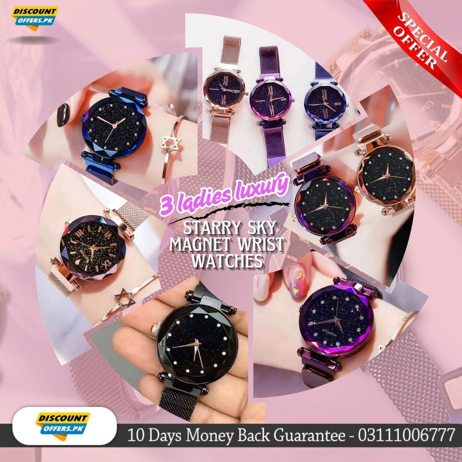 Imported bundle of 3 ladies luxury starry sky magnet wrist watches Rs 999