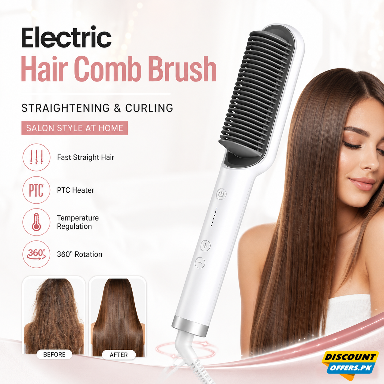Electric Hair Comb Brush for Straightening and Curling