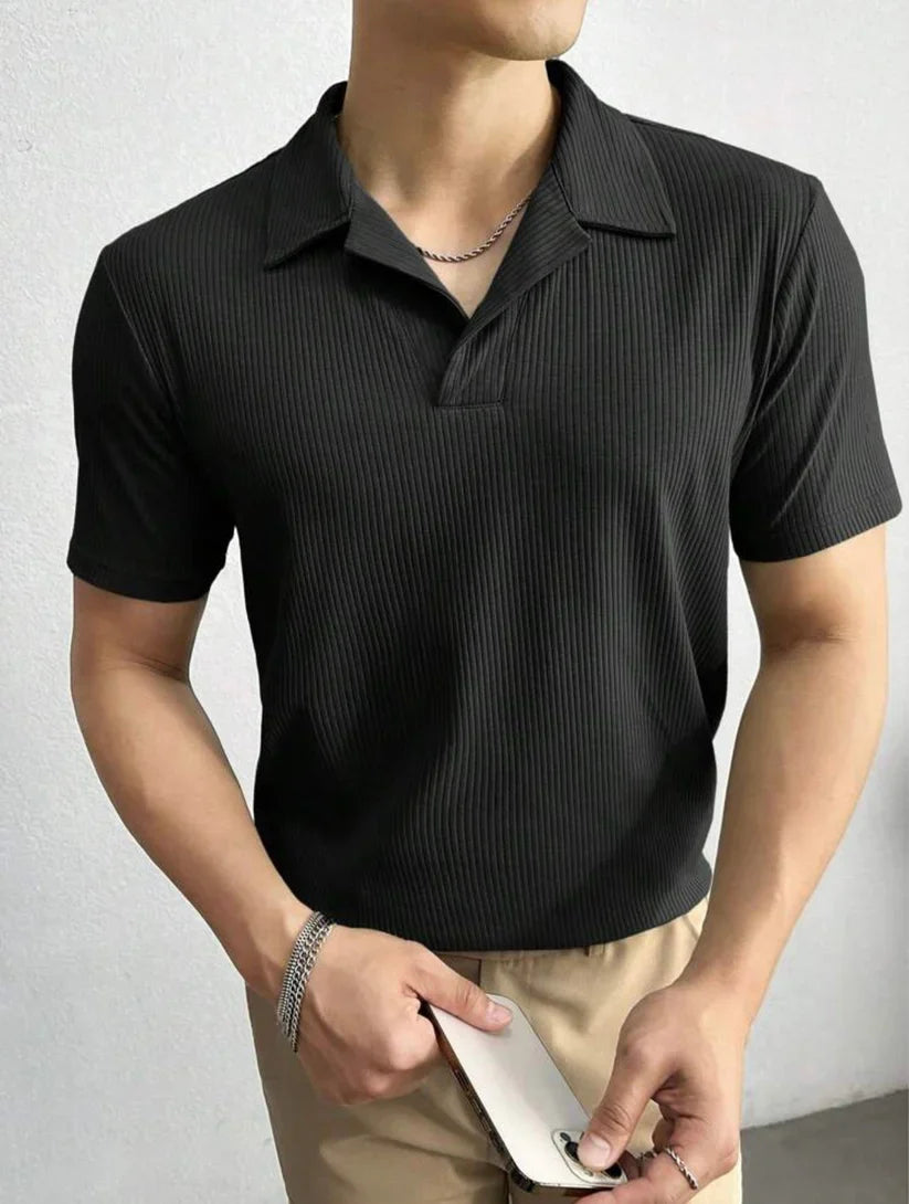 Premium Waffle Knitted Polo – BLACK
