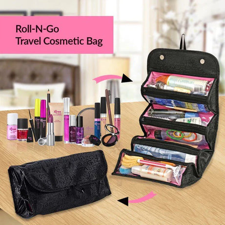 Roll N Go Travel Buddy Makeup and Cosmetic Bag For Pack all your cosmetics jewelry, hair care products with 4 spacious vinyl zippered storage compartments