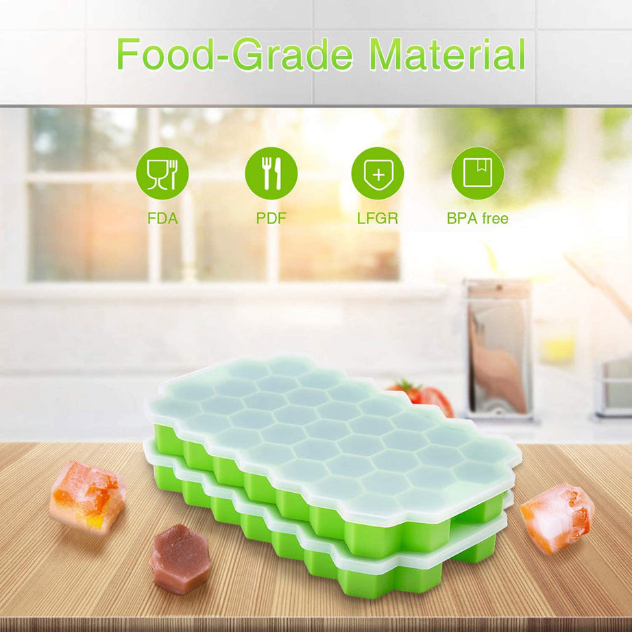 2Pcs Reusable Silicone 37 Cavity Honeycomb Ice Cube Trays Mold BPA Free Ice Maker with Removable Lids