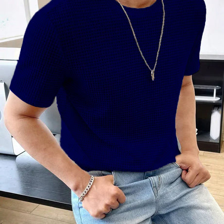 Waffle Knitted T-Shirt – NAVY BLUE