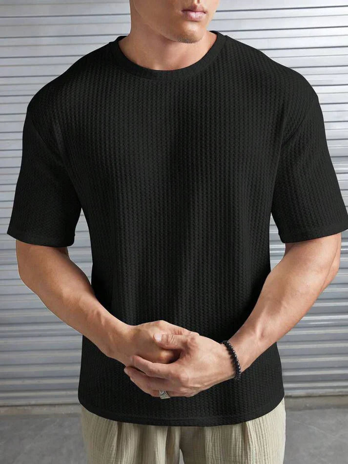 Oversized Waffle Knit Tee for Men – BLACK