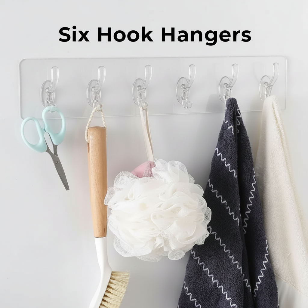 Transparent 6 Double Hooks Hanger with Strong Grip For Hanging Clothes and Bath Accessories