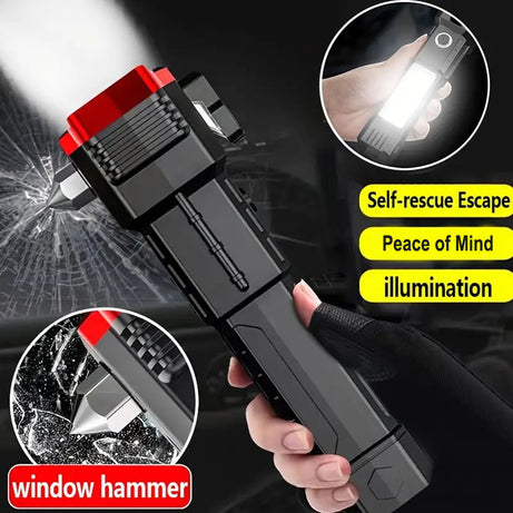 Side Flood Light Long Distance Beam Range Car Rescue Torch with Hammer Window Glass and Seat Belt Cutter