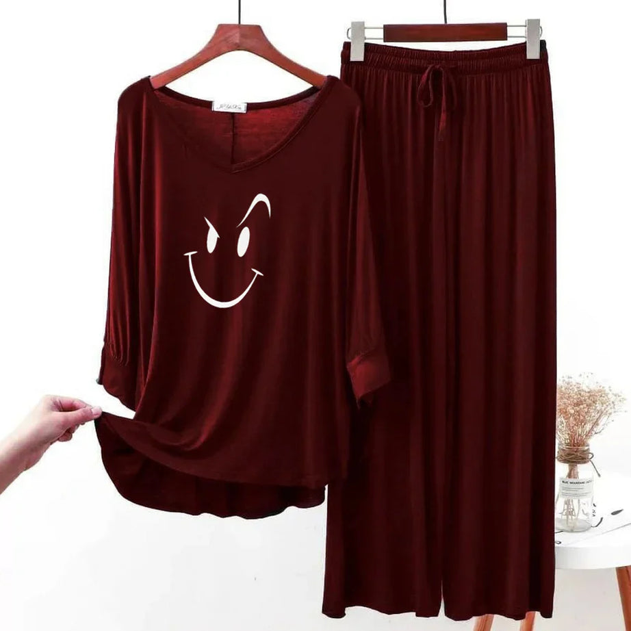 Maroon Smiley Face V-Neck Women Night Suit PJ Set