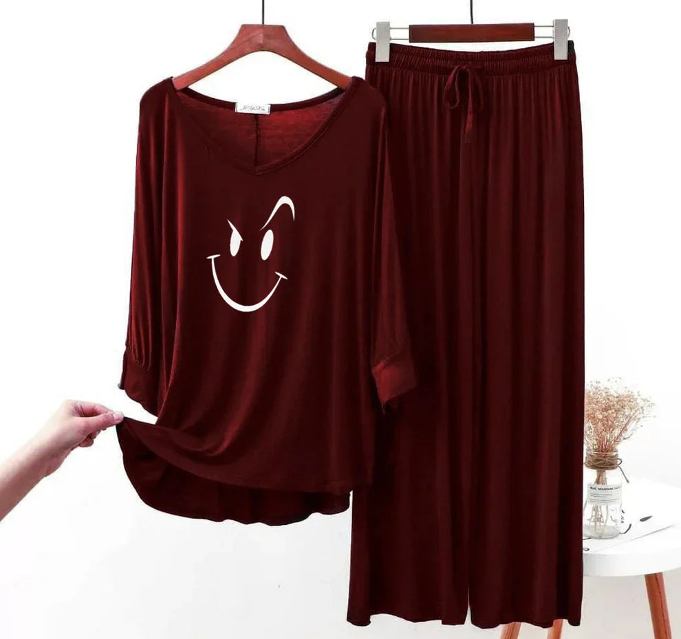 Maroon Smiley Face V-Neck Women Night Suit PJ Set