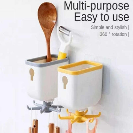 360 Degree Rotating Wall Mounted Self Adhesive Hanging Hook with Storage Box Organizer Holder For Kitchen Use