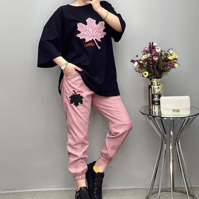 Plain Black with Pink Track Suit – Round Neck Half Sleeves T-Shirt and Trouser Suit for Women