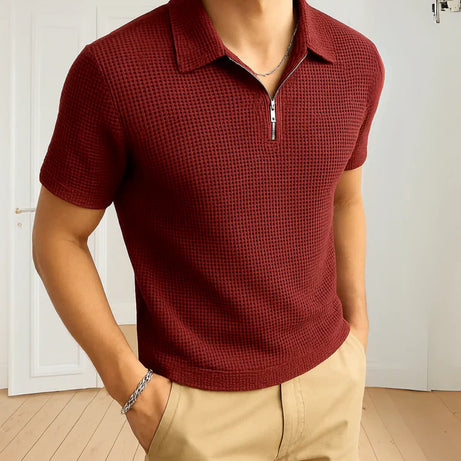 Waffle Knitted Zipper Polo – MAROON
