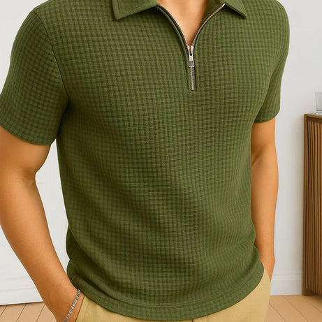 Waffle Knitted Zipper Polo – OLIVE